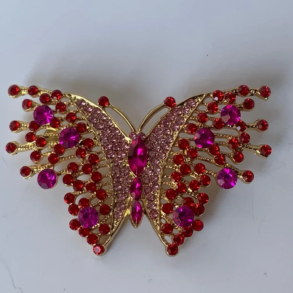 Large Sparkling Fuchsia & Red Crystal Butterfly Brooch Pin Gold Tone Gift Bag